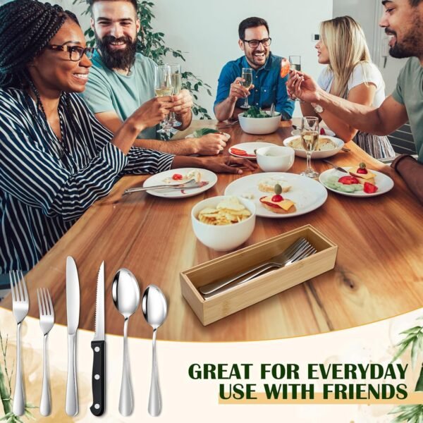 Baderke 6 Pcs Bamboo Drawer Organizer Long Stackable Storage Box Set with 24 Pcs Utensils for 4 People Use Kitchen Silverware Organizer for Outdoor Picnic, Family Party, Kitchen Drawer Storage - Image 7