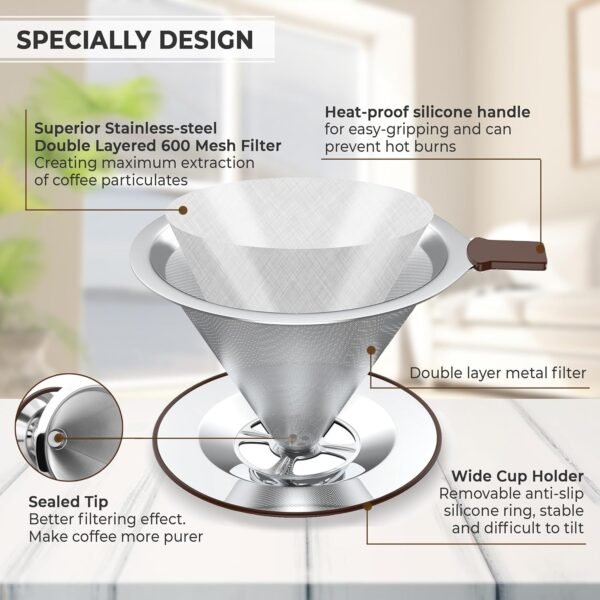 Pour Over Coffee Dripper | Reusable Cone Coffee Filters | Stainless Steel Coffee Filter | Fine Mesh Double Layer | Paperless Pour Over Coffee Maker 2-3 Cups | 15ml Coffee Bean Spoon - Image 3