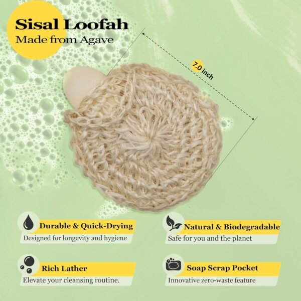 Natural Handwoven Sisal Loofah Body Scrubber - Organic Shower Sponge Made from Premium Agave Fibers - Arabic-Turkish Style with Bar Soap Pouch - Natural Body Scrubber for Men & Women - Image 3