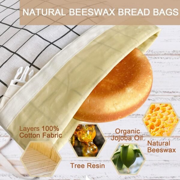 Reusable Beeswax Bread Bag,Linen Beeswax Bread Bags With Bowl Cover for Homemade Sourdough Bread,Freezer Storage Bag to Keep Fresh,Sourdough Bread Food Bag Baking Set - Image 2