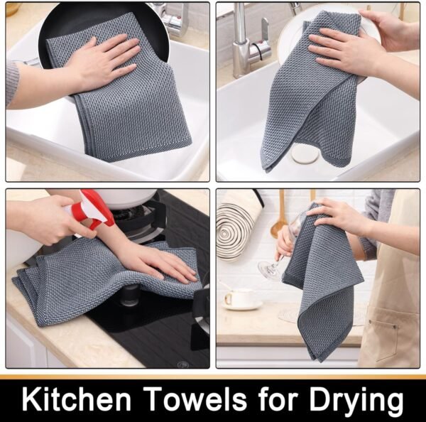 Kitchen Towels 100% Cotton Waffle Weave Dish Towels, Soft, Super Absorbent and Quick Drying Hand Towels with Hanging Loop, 4 Pack, 15 x 26 Inch, Dark Grey with White - Image 4
