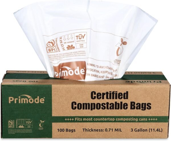 Primode Compostable Bags, 3 Gallon Food Scraps Yard Waste Bags, 100 Count, Extra Thick 0.71 Mil. ASTMD6400 Compost Bags Small Kitchen Trash Bags, Certified By BPI And TÜV AUSTRIA