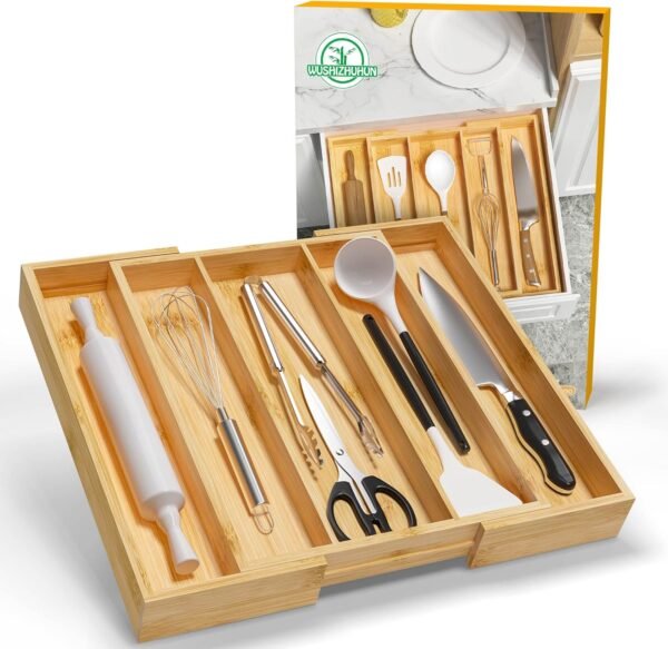 Bamboo Utensil Organizer Cutlery Organizer - Expandable 5 Slots Multipurpose Kitchen Drawer Organizer for Large Cooking Utensils, Baking Tools, Knife Set W13.7"-19.9" x L17.6" X H2.5"(Yellow) - Image 7