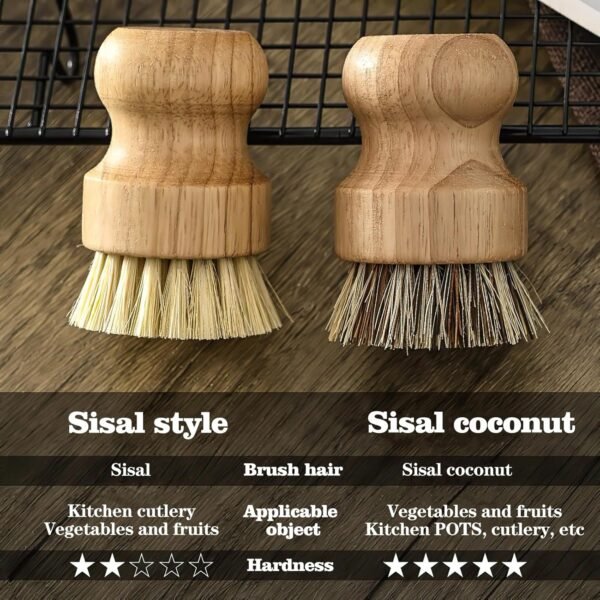 2 Pack Round Wooden Dish Brush, Natural Fiber Scrub Brush Set, Durable Scrubber Cleaning Tools for Cleaning Vegetables, Pots and Pans - Image 3