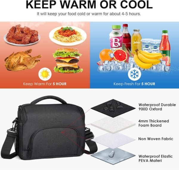 NOL Natural Organic Lifestyle Large Lunch Bag Insulated Cooler lunch Bag for Adult Men Women Waterproof Lightweight Lunch Box Organiser Leakproof Cooler Tote for Work (Black) - Image 3