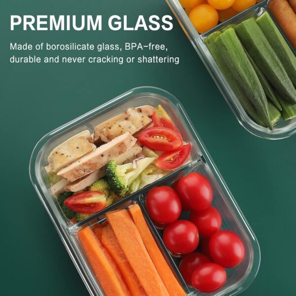 HOMBERKING 8 Pack Glass Meal Prep Containers 3 Compartment, 36oz Glass Food Storage Containers with Lids, Airtight Glass Lunch Bento Boxes, BPA-Free & Leak Proof (8 lids & 8 Containers) - Black - Image 5