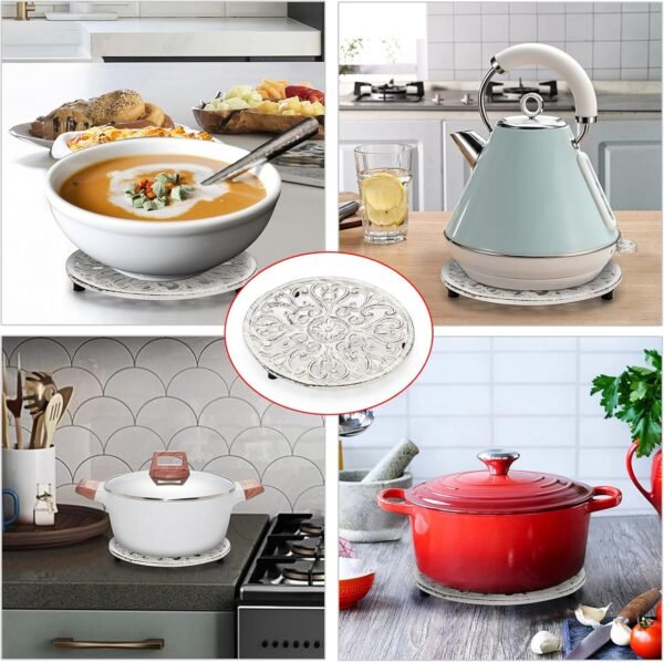 Sumnacon 2 Pcs Cast Iron Trivet 6.7 Inch Iron Trivet for Hot Dish Pot Pan Plate Teapot,Heat Resistant Cast Iron Trivet for Kitchen Dining Table Cooktop Stove,Retro White Round Trivet with Rubber Feets - Image 7