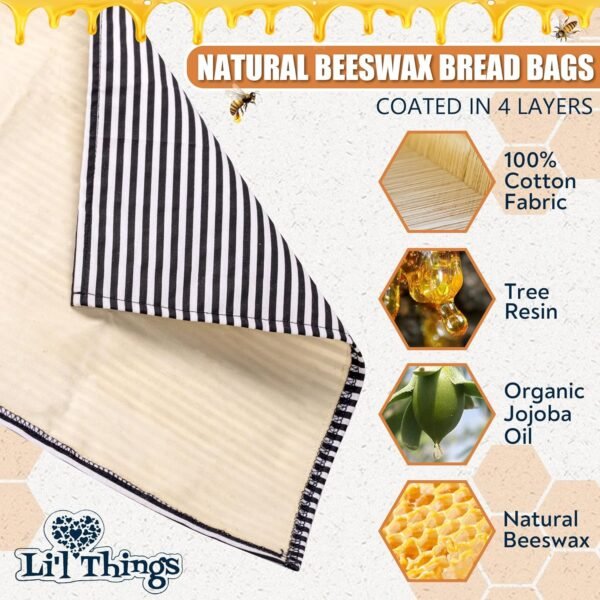 Li'l Things Eco-friendly Reusable Beeswax Bread bags | Improved Beeswax Coating | Set of 2 Sizes |13'x13' & 15’x9’ | 6 Different Themes | Great for Home-Baked Store Bought Bread | Stripey Black - Image 3
