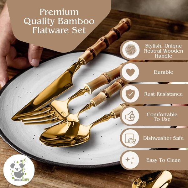 Bamboo Silverware Set Natural Bamboo Flatware Set Hand Crafted Bamboo Cutlery Utensils, Handmade With Love By KoalaLove! (4 Sets, 24 Cutlery Pieces, Gold) - Image 2