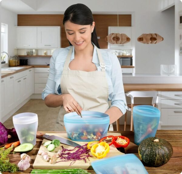 Reusable Silicone Food Storage Bag, Set of 6 White Stand Up Food Storage Container, Reusable Zipper seal bag, no lid required, for Food Storage& Meal Prep, Freezer Oven Dishwasher - Safe - Image 7