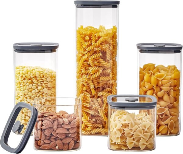Square Glass Food Storage Jars with Lids[Set of 5], Perfect for Pasta, Cookies, Nuts, Coffee, Cereal, Flour,Organize Your Kitchen with these BPA-Free Glass Jars with Silicone Lids