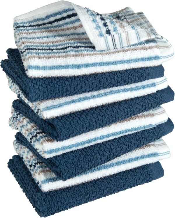 Bumble Premium Dish Cloths Towel 12"x12" | 100% Natural Ring Spun Cotton Tea Towel Set | 430 GSM | Highly Absorbent & Soft Dish Towels | 8 Pack - 4 Popcorn Striped & 4 Solid Kitchen Towels - Blue - Image 6
