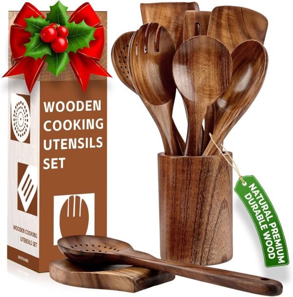 Teak Wood Cooking Utensils Set, 9Pcs Durable Wooden Utensils for Cooking, BPA-Free Premium Wooden Spoons for Cooking with Holder & Spoon Rest