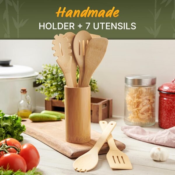 Bamboo Wooden Spoons for Cooking 7 PCs with Holder – Wooden Cooking Utensils + Holder for Nonstick – Wooden Utensil Set – Easy to Clean, Sturdy, Lightweight & Heat Resistant - Image 7