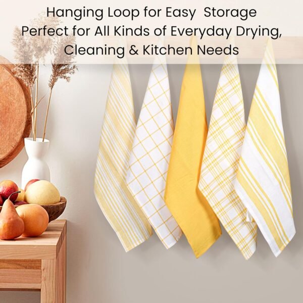 Cotton Clinic Assorted Kitchen Towels 5 Pack – Soft Absorbent Quick Drying Table & Kitchen Linen - Dish Towels, Dish Cloths, Tea Towels and Cleaning Towels with Hanging Loop – 16x28 / Yellow White - Image 5