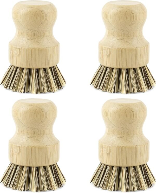 AUEAR, Natural Bamboo Dish Scrub Brush Cleaning Brush Pot Scrubber Brushes Coconut Bristles for Cast Iron Skillet Pots Pans (4 Pack)