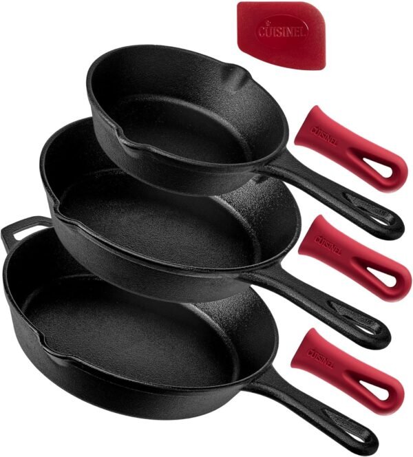 Cuisinel Cast Iron Skillet Set - 3-Piece: 6" + 8" + 10"-Inch Chef Frying Pans - Pre-Seasoned Oven Safe Cookware + 3 Heat-Resistant Handle Covers - Indoor/Outdoor Use - Grill, Stovetop, BBQ, Fire Safe