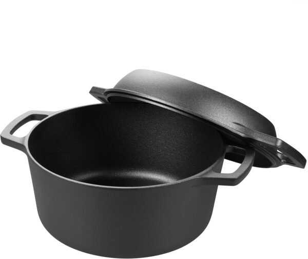 Pre-seasoned Cast Iron Double Dutch Oven Pot with Skillet Lid, Dual-handle, for Bread Baking, Outdoor, Campfire Cooking, 5 Quart - Image 5