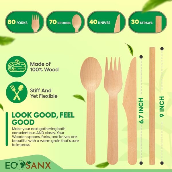 220 PCs Wooden Cutlery set | 6.5" Splinter Free Compostable Utensils, Biodegradable, Eco-Friendly | 100% All - Natural Bamboo Utensils for Outdoor, Party & More- Disposable Bamboo cutlery - Image 2