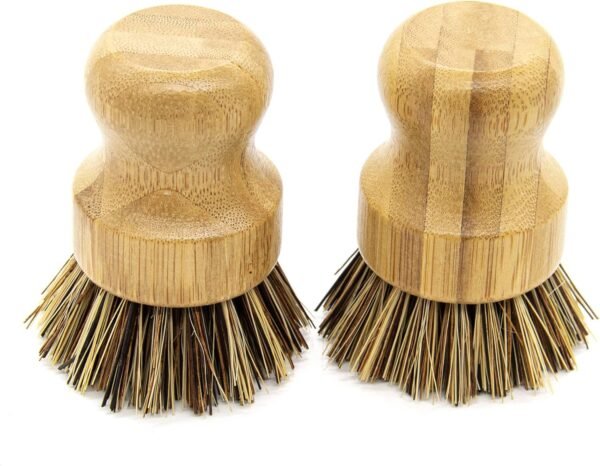 AUEAR, Natural Bamboo Dish Scrub Brush Cleaning Brush Pot Scrubber Brushes Coconut Bristles for Cast Iron Skillet Pots Pans (2-Pack, Deep Color)