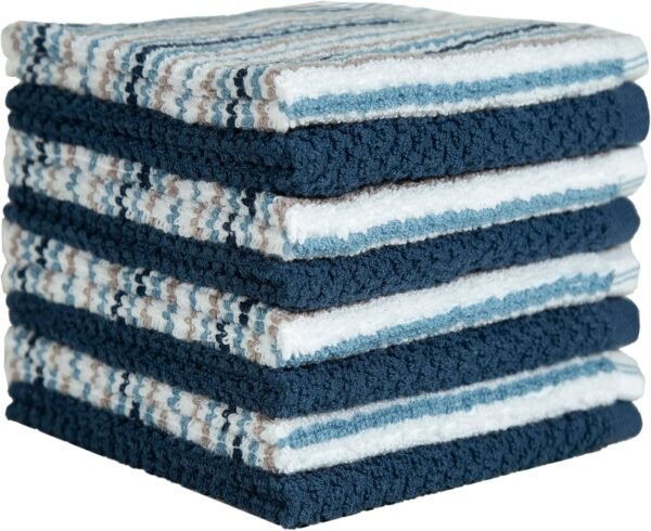 Bumble Premium Dish Cloths Towel 12"x12" | 100% Natural Ring Spun Cotton Tea Towel Set | 430 GSM | Highly Absorbent & Soft Dish Towels | 8 Pack - 4 Popcorn Striped & 4 Solid Kitchen Towels - Blue