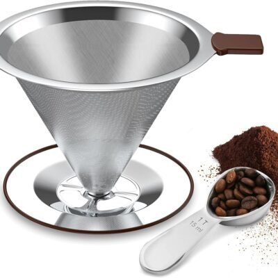Pour Over Coffee Dripper | Reusable Cone Coffee Filters | Stainless Steel Coffee Filter | Fine Mesh Double Layer | Paperless Pour Over Coffee Maker 2-3 Cups | 15ml Coffee Bean Spoon