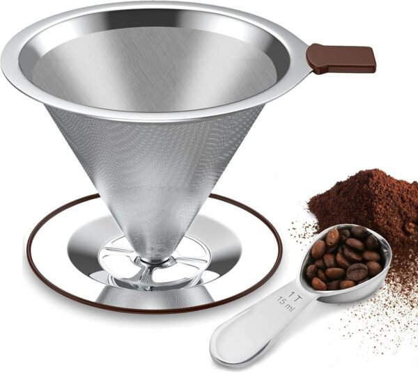Pour Over Coffee Dripper | Reusable Cone Coffee Filters | Stainless Steel Coffee Filter | Fine Mesh Double Layer | Paperless Pour Over Coffee Maker 2-3 Cups | 15ml Coffee Bean Spoon