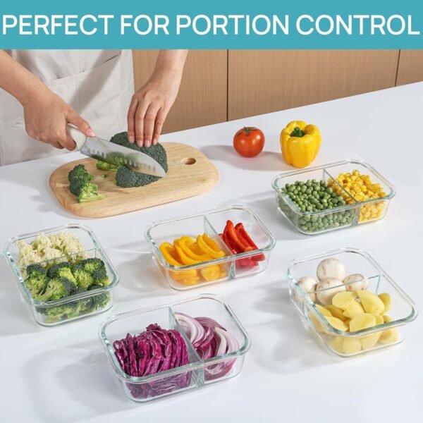 Vtopmart 5 Pack 33oz Glass Food Storage Containers with Lids, Meal Prep Containers 2 Compartments, Airtight Lunch Containers Bento Boxes with Snap Locking Lids for Microwave, Oven, Freezer - Image 3