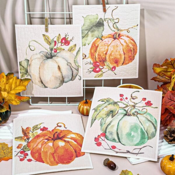 Whaline Fall Pumpkin Swedish Dishcloth Autumn Cotton Kitchen Towel Pumpkin Absorbent Dish Towel for Housewarming Cleaning, 4Pcs, 7.7 x 6.9 Inch - Image 4