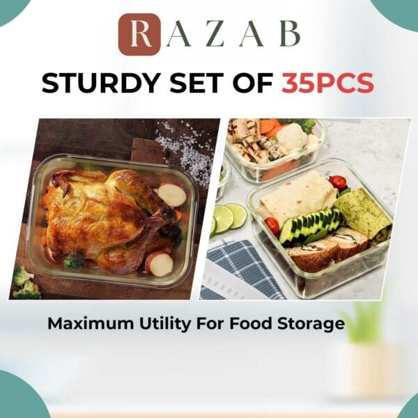 Razab 35 Pc Set Glass Food Storage Containers with Lids - Meal Prep Airtight Bento Boxes BPA-Free 100% Leak Proof (15 lids,15 glass & 5 Plastic Sauce/Dip Containers) - Image 4