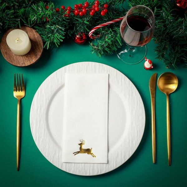 Janlaugh 100 Pcs Christmas Disposable Hand Towels Foil Stamped Paper Guest Towels Napkins Christmas Tree and Elk Linen Hand Towel for Party Lunch Dinner Kitchen Bathroom(Gold,Elk) - Image 7