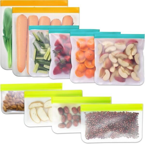 Reusable Food Storage Bags - 10pack BPA FREE Ziplock/Freezer Bags(2 Reusable Gallon Bags & 4 Sandwich Bags & 4 Snack Bags) EXTRA THICK Leakproof Silicone Lunch Bag for Food Meat Fruit Veggies