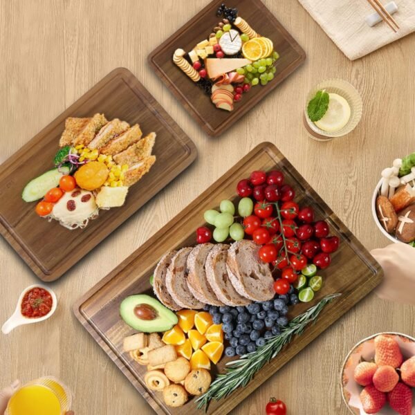 Wood Cutting Boards Set of 3 for Kitchen, Thick Chopping Board, Large Wooden Cutting Board Set with Deep Juice Groove and Handles, Wooden trays for meat, fruit and cheese (17x12, 12x10, 12x7 inch) - Image 6