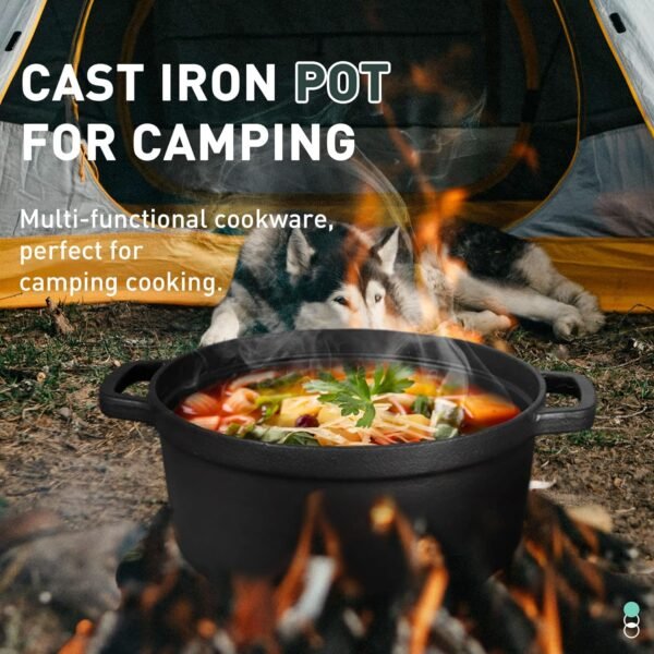 Pre-Seasoned Cast Iron 2-In-1 Heavy-Duty 5.5qt Dutch Oven With Skillet Lid Set, Oven,Grill, Stove Top, BBQ and Induction Safe - Image 7