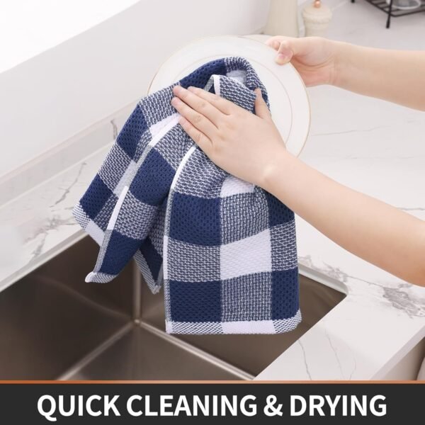 Homaxy Kitchen Towels and Dishcloths Set, 12 x 12 and 13 x 28 Inches, Set of 12 Bulk Cotton Waffle Weave Check Plaid Kitchen Towels, Super Soft and Absorbent Dish Towels, White & Navy Blue - Image 5