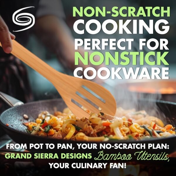 Bamboo Cooking Utensils - 11-Piece Wooden Kitchen Utensil Set W/A Bamboo Utensil Holder - Non Toxic and Eco Friendly Wooden Spoons for Cooking W/Wooden Tongs & Slotted Spatula - Image 3