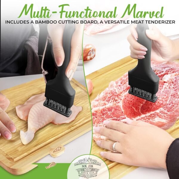 Premium Bamboo Cutting Board Set with Stand: Includes Bonus Meat Tenderizer and MultiKnife - Best Non-Toxic Cutting Boards, Best Kitchen Gift -I deal for Meat, Fish, Bread, Vegetables, and Fruits - Image 8