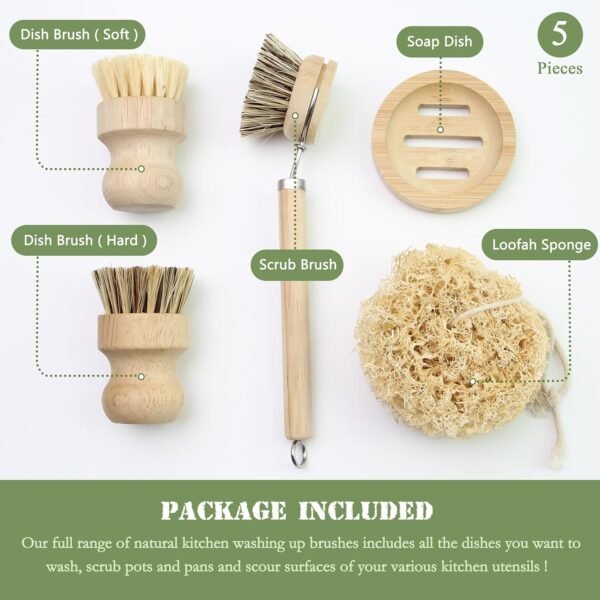 Dish Brush Set with Wooden Handle | Nautral & Bamboo Fibers Plastic Free | Pot Brush Scourer Scrubber ~ 5 Pcs Kitchen Dish Cleaning Tools - Makes Dish Cleaning Easy - Image 2