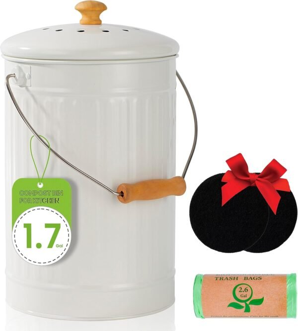 Compost Bin, 1.7 Gallon Kitchen Compost Bin, Indoor Countertop Compost Bin, White Countertop Compost Bin with Lid, 100% Rust Proof Compost Bucket with Non-Smell Charcoal Filters (White)