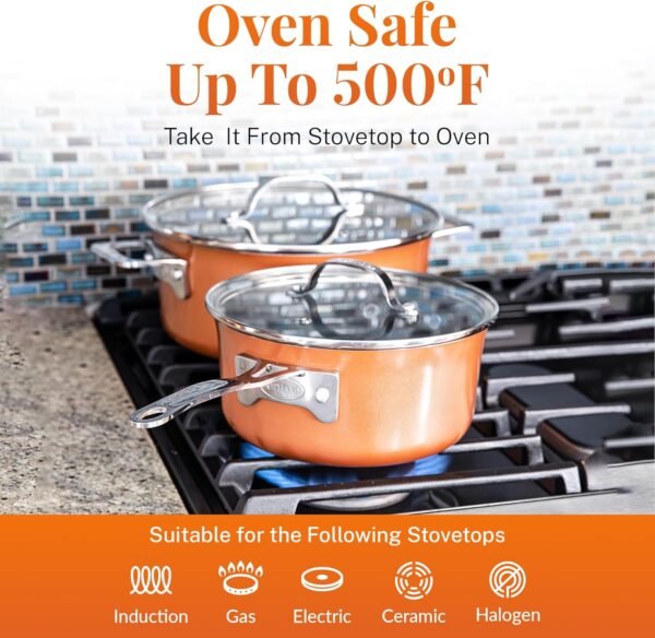 GOTHAM STEEL 10 Pc Copper Pots and Pans Set Non Stick, Kitchen Cookware Sets, Space Saving Non Stick Pots and Pan Set, Nonstick Cookware Set, Non Toxic Cookware Set, Pot Set, Dishwasher Safe - Image 7