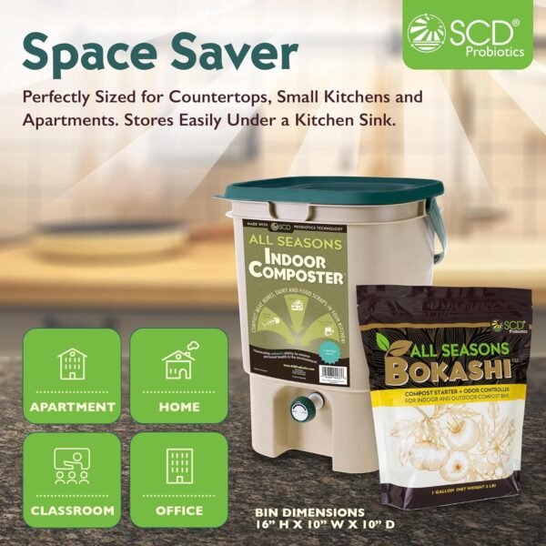 All Seasons Indoor Composter Starter Kit – 5 Gallon Tan Compost Bin For Kitchen Countertop With Lid, Spigot & 1 Gallon (2 lbs.) Bag Of Dry Bokashi Bran – by SCD Probiotics - Image 4