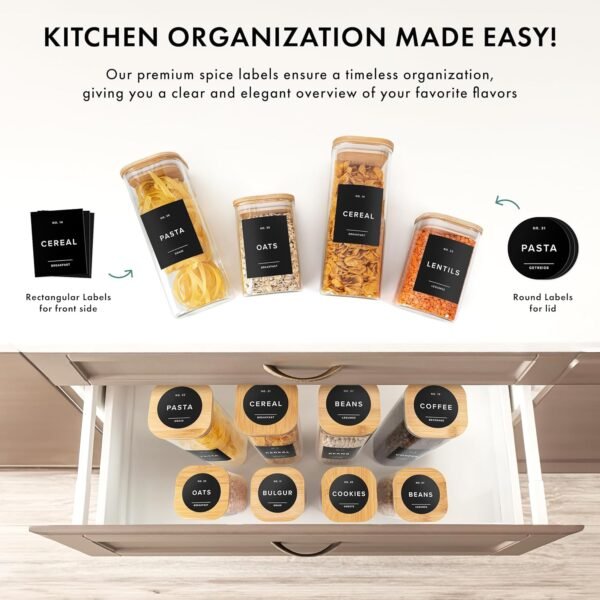 Square Glass Storage Containers with Bamboo Lids 12-Pack (4x 33.8 oz, 8x 20.2 oz) Airtight Storage Jars with Lids for Food, Stackable Kitchen Canisters with 114 Labels for Pantry [Thicker Glass 3mm] - Image 4