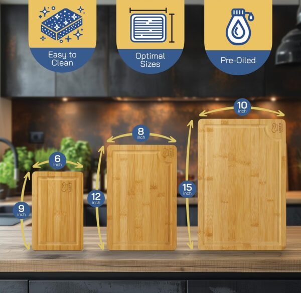 CHEF'S SIGNATURE Premium Organic Bamboo Cutting Boards for Kitchen Set of 3 - Durable, Eco-Friendly - Wood Cutting Board w/Juice Grooves & Easy Grip Handles - Perfect for Chopping, Slicing and Serving - Image 3
