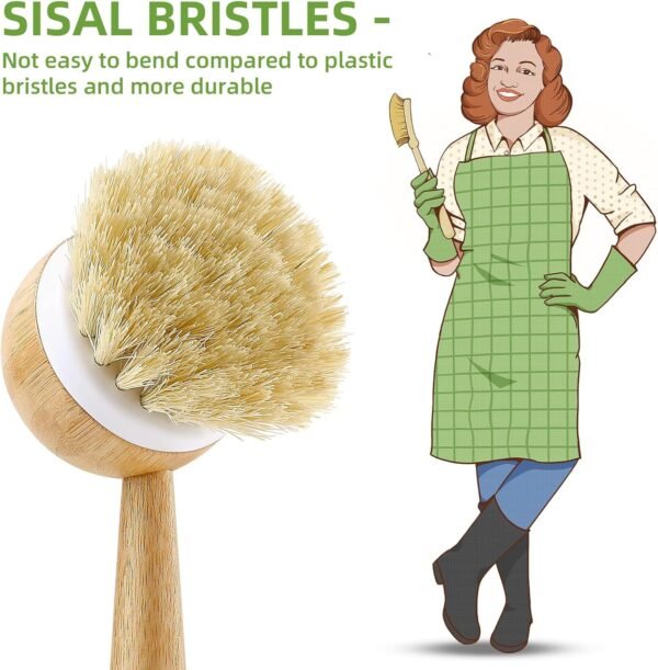 SUBEKYU Dish Brush with Handle, Natural Bamboo Dish Scrubber Brush, Kitchen Dishwashing Brush for Cleaning Dishes/Pans/Pots/Sinks, Sisal Bristles, 2P - Image 5