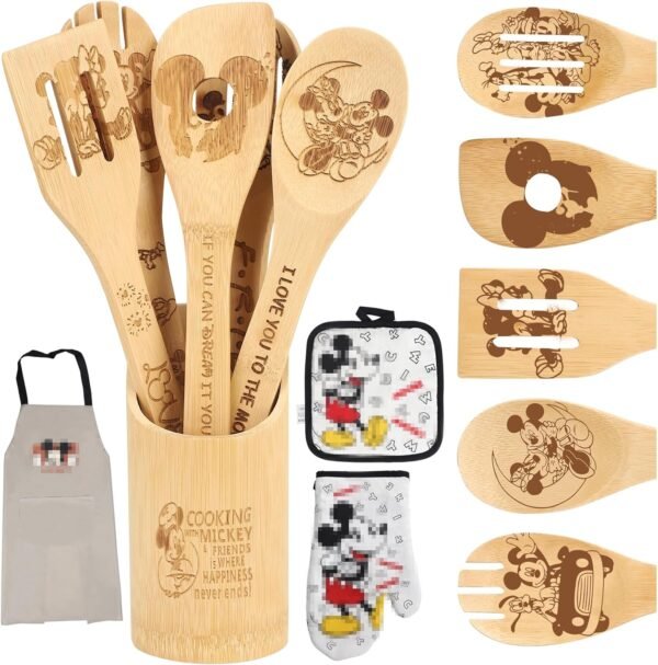 Wooden Spoon for Cooking - Cartoon Wooden Spoons Bamboo Utensils Set Kitchen Decoration- Birthday Gift Kitchen Accessory with Cute Apron Oven Mitt Potholder - Best Kitchen Gifts for Women Friends 9PCS