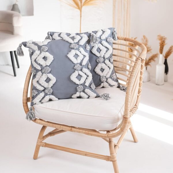 Throw Pillow Cover Set of 2 White and Grey Cotton Boho Throw Pillow Covers, Tufted Decorative Square Pillowcases Covers with Tassels 18x18 Inch - Image 2