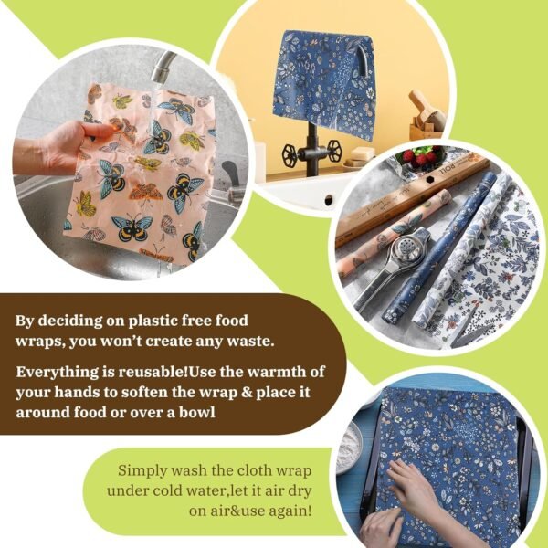 Moukeren 3 Rolls Beeswax Wraps for Food Assorted Organic Cotton Reusable Beeswax Food Wrap Sustainable Wax Paper Beeswax Food Wrappers Plastic Silicone Free for Bread Cheese, 13 x 40"(Butterfly) - Image 6