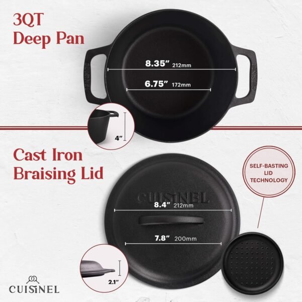 Cuisinel Cast Iron Dutch Oven - 3-Quart Deep Pot + Lid + Pan Scraper + Handle Covers - Large Pre-Seasoned Cooker for Baking Bread, Soup, Frying - Indoor/Outdoor Kitchen, Camping, Fire, BBQ Cookware - Image 2
