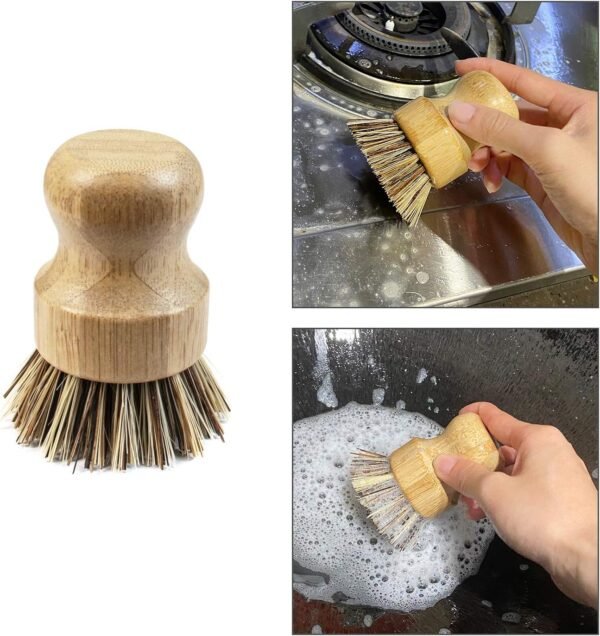 AUEAR, Natural Bamboo Dish Scrub Brush Cleaning Brush Pot Scrubber Brushes Coconut Bristles for Cast Iron Skillet Pots Pans (2-Pack, Deep Color) - Image 6