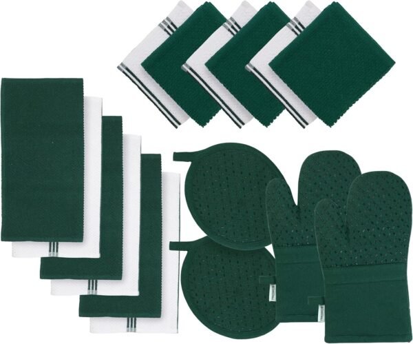 Lane Linen Dish Towels and Dishcloths Sets - 16 Pc Kitchen Towels Set, 500 Degree Heat Resistant Kitchen Mitts and Pot Holders, 100% Cotton Dish Towels, Kitchen Dish Rags for Washing Dishes - Green